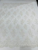 White Floral Lace Fabric - by the yard - Corded Flower Embroidery Design With Sequins on a Mesh