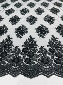 Floral Lace Fabric - Black - Flower Cluster Embroidery Design With Sequins on a Mesh