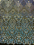 Aqua/Blue Iridescent Sequins Fabric On Black Mesh 4 Way Stretch Geometric Design By The Yard
