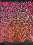 Orange/Fuchsia Iridescent - 4 Way Stretch Embroidered Royalty Sequins Design Fabric By Yard