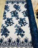 NAVY BLUE Flower 3D Fabric - by the Yard - Embroided Fabric Flower Pearls and Beaded Fabric