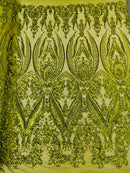 Big Damask Sequins Fabric - Olive Green  - 4 Way Stretch Damask Sequins Design Fabric By Yard