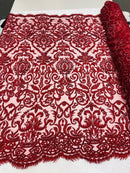 Burgundy Bridal Lace Hand Beaded Embroidered Floral Fabric - by the yard - Wedding Beaded Fabric