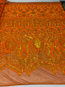 Orange Iridescent  - 4 Way Stretch Embroidered Royalty Sequins Design Fabric By Yard