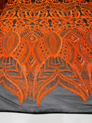 Orange Sequin - 4 Way Stretch Embroidered Royalty Sequins Design Fabric By Yard