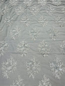 Floral Lace Fabric - Silver on Black Mesh - Flower Cluster Embroidery Design With Sequins on a Mesh