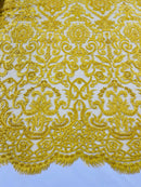 Yellow Bridal Lace Hand Beaded Embroidered Floral Fabric - by the yard - Wedding Beaded Fabric
