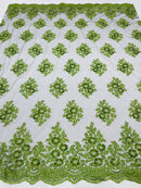 Floral Lace Fabric - Green on Black Mesh - Flower Cluster Embroidery Design With Sequins on a Mesh