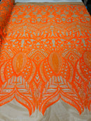 Orange Sequin Fabric - 4 Way Stretch Embroidered Royalty Sequins Design Fabric By Yard