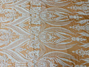 Big Damask Sequins Fabric - White on Dark Nude - 4 Way Stretch Damask Sequins Design Fabric By Yard