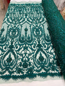 Hunter Green Beaded Damask Fabric - by the yard - Embroidered with Beads and Sequins on Mesh Fabric