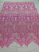 Candy Pink Sequin - 4 Way Stretch Embroidered Royalty Sequins Design Fabric By Yard