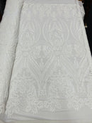 White Sequins Fabric, 4 Way Stretch Embroidery With Sequin On a Mesh By The Yard