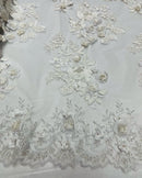 Of White Flower 3D Fabric - by the Yard - Embroided Fabric Flower Pearls and Beaded Fabric