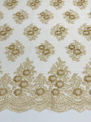 Floral Lace Fabric - Champagne - Flower Cluster Embroidery Design With Sequins on a Mesh