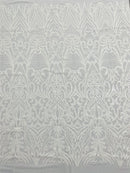 White Sequin Fabric - by the yard - On Mesh 4 Way Stretch, Damask Design Sequins