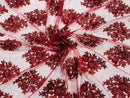 Floral Lace Fabric - Burgundy - Flower Cluster Embroidery Design With Sequins on a Mesh