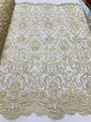 Bridal Lace Hand Beaded Embroidered Floral Fabric - by the yard - Wedding Beaded Fabric