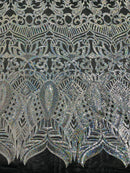 Silver Holographic Sequin - 4 Way Stretch Embroidered Royalty Sequins Design Fabric By Yard