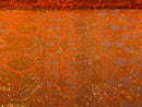 Orange Iridescent  - 4 Way Stretch Embroidered Royalty Sequins Design Fabric By Yard