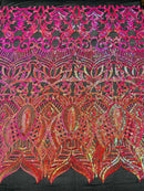 Orange/Fuchsia Iridescent - 4 Way Stretch Embroidered Royalty Sequins Design Fabric By Yard