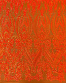 Big Damask Sequins Fabric - Orange Iridescent - 4 Way Stretch Damask Sequins Design Fabric By Yard