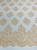 Floral Lace Fabric - Peach - Flower Cluster Embroidery Design With Sequins on a Mesh