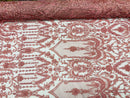 Dusty Rose Beaded Damask Fabric - by the yard - Embroidered with Beads and Sequins on Mesh Fabric