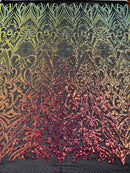 Rainbow Iridescent Sequin Fabric - by the yard - On Mesh 4 Way Stretch, Damask Design Sequins