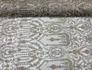 Silver Beaded Damask Fabric - by the yard - Embroidered with Beads and Sequins on Mesh Fabric