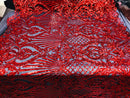 Red Sequins On Black Mesh 4 Way Stretch Damask Design Fabric On Stretch Mesh By The Yard