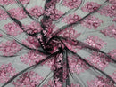 Floral Lace Fabric - Pink on Black Mesh - Flower Cluster Embroidery Design With Sequins on a Mesh