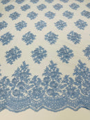 Floral Lace Fabric - Baby Blue - Flower Cluster Embroidery Design With Sequins on a Mesh