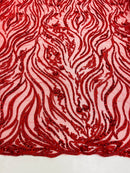 Red Beaded Fabric - by the yard - Fancy Embroidered Zebra Design with Beads on Mesh Fabric