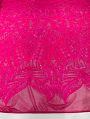 Hot Pink Iridescent Sequin - 4 Way Stretch Embroidered Royalty Sequins Design Fabric By Yard