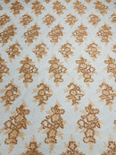 Peach Floral Lace Fabric - by the yard - Corded Flower Embroidery Design With Sequins