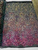 Iridescent Rainbow Sequin Fabric On Black Mesh 4 Way Stretch Damask Design By The Yard