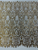 Gold Sequin Fabric - by the yard - On Mesh 4 Way Stretch, Damask Design Sequins