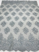 Floral Lace Fabric - Gray on Black Mesh - Flower Cluster Embroidery Design With Sequins on a Mesh