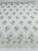 Floral Lace Fabric - Off-White - Flower Cluster Embroidery Design With Sequins on a Mesh