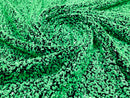 Green Sequin Fabric on Black Stretch Velvet - by the yard - Sequins 2 Way Stretch  58/60”