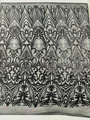 Black Sequin Fabric - by the yard - On Mesh 4 Way Stretch, Damask Design Sequins