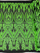 Big Damask Sequins Fabric - Neon Green / Black - 4 Way Stretch Damask Sequins Design Fabric By Yard