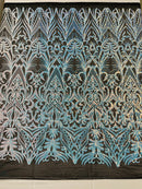 Aqua/Blue Iridescent Sequin Fabric - by the yard - On Mesh 4 Way Stretch, Damask Design Sequins