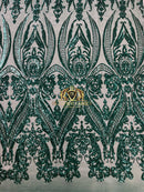 Big Damask Sequins Fabric - Teal Green  - 4 Way Stretch Damask Sequins Design Fabric By Yard