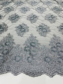 Floral Lace Fabric - Gray on Black Mesh - Flower Cluster Embroidery Design With Sequins on a Mesh