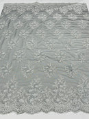 Floral Lace Fabric - Silver on Black Mesh - Flower Cluster Embroidery Design With Sequins on a Mesh