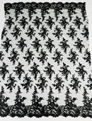 Lace Flower Cluster Fabric - Black - Embroidered Flower With Sequins on a Mesh Lace Fabric By Yard