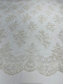 White Floral Lace Fabric - by the yard - Corded Flower Embroidery Design With Sequins on a Mesh