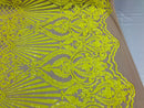 4 Way Stretch Damask Design Yellow Sequins Fabric On NUDE Mesh By Yard